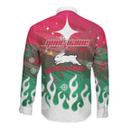 Personalized South Sydney Rabbitohs Long Sleeve Button Shirt Y2K Grunge Aesthetic With Cyber Flames and Starburst Graphics