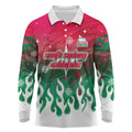 Personalized South Sydney Rabbitohs Long Sleeve Polo Shirt Y2K Grunge Aesthetic With Cyber Flames and Starburst Graphics