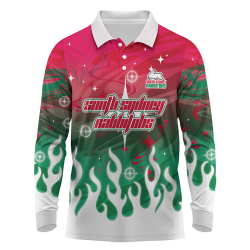 Personalized South Sydney Rabbitohs Long Sleeve Polo Shirt Y2K Grunge Aesthetic With Cyber Flames and Starburst Graphics