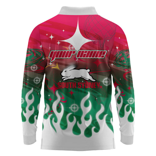 Personalized South Sydney Rabbitohs Long Sleeve Polo Shirt Y2K Grunge Aesthetic With Cyber Flames and Starburst Graphics