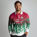 Personalized South Sydney Rabbitohs Long Sleeve Polo Shirt Y2K Grunge Aesthetic With Cyber Flames and Starburst Graphics