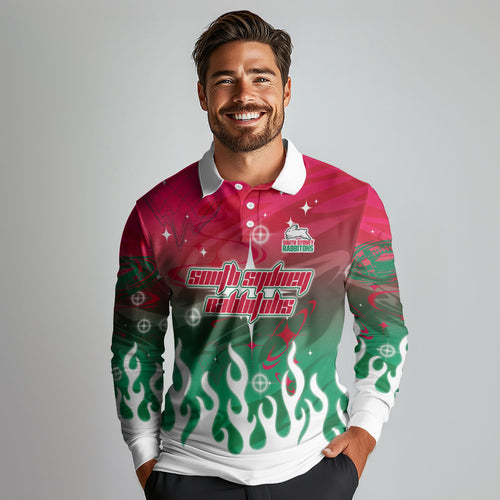 Personalized South Sydney Rabbitohs Long Sleeve Polo Shirt Y2K Grunge Aesthetic With Cyber Flames and Starburst Graphics