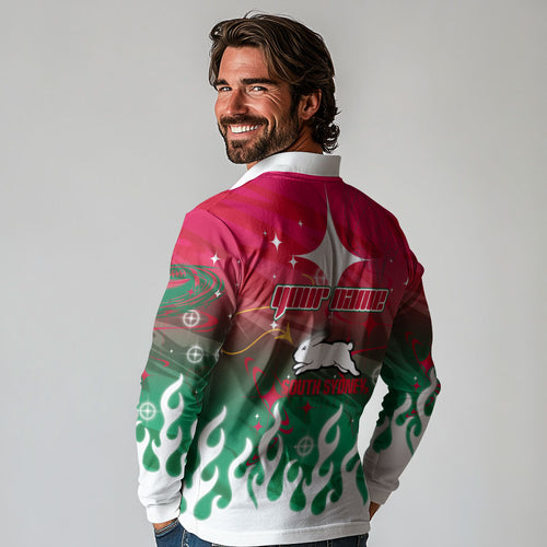 Personalized South Sydney Rabbitohs Long Sleeve Polo Shirt Y2K Grunge Aesthetic With Cyber Flames and Starburst Graphics