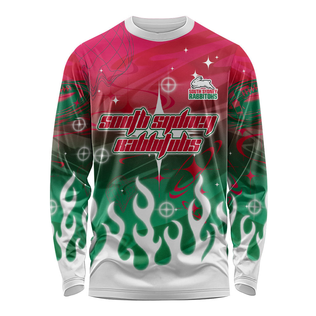 Personalized South Sydney Rabbitohs Long Sleeve Shirt Y2K Grunge Aesthetic With Cyber Flames and Starburst Graphics