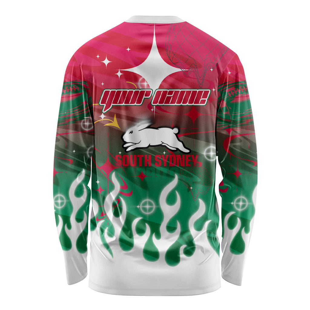 Personalized South Sydney Rabbitohs Long Sleeve Shirt Y2K Grunge Aesthetic With Cyber Flames and Starburst Graphics
