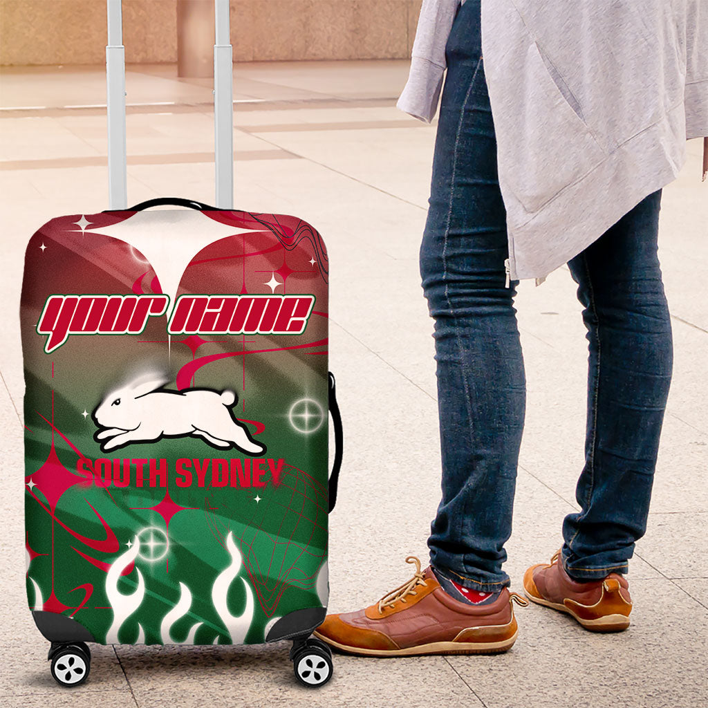 Personalized South Sydney Rabbitohs Luggage Cover Y2K Grunge Aesthetic With Cyber Flames and Starburst Graphics