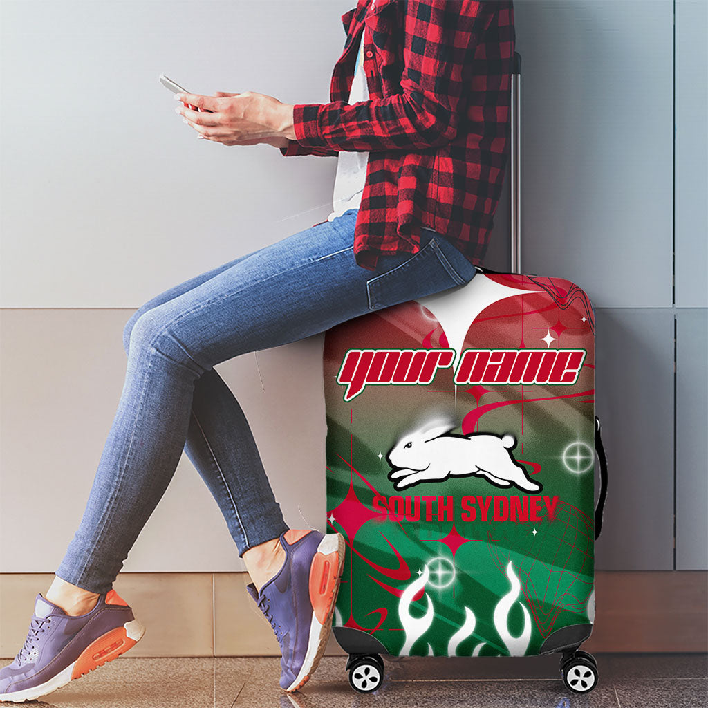 Personalized South Sydney Rabbitohs Luggage Cover Y2K Grunge Aesthetic With Cyber Flames and Starburst Graphics