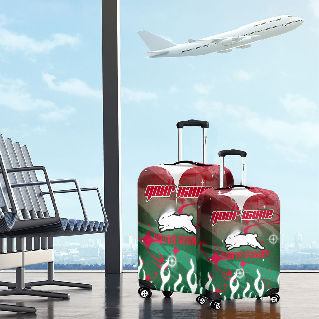 Personalized South Sydney Rabbitohs Luggage Cover Y2K Grunge Aesthetic With Cyber Flames and Starburst Graphics