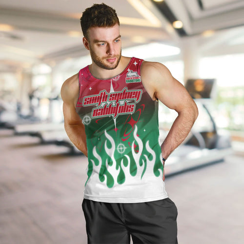 Personalized South Sydney Rabbitohs Men Tank Top Y2K Grunge Aesthetic With Cyber Flames and Starburst Graphics
