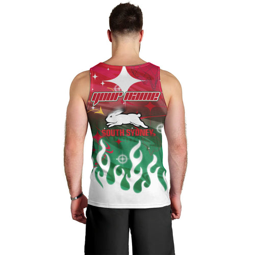 Personalized South Sydney Rabbitohs Men Tank Top Y2K Grunge Aesthetic With Cyber Flames and Starburst Graphics