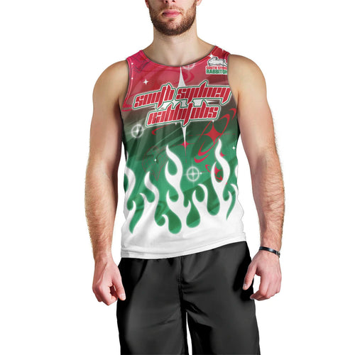 Personalized South Sydney Rabbitohs Men Tank Top Y2K Grunge Aesthetic With Cyber Flames and Starburst Graphics