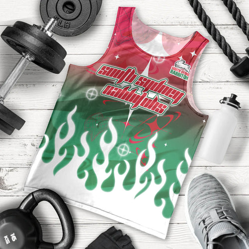 Personalized South Sydney Rabbitohs Men Tank Top Y2K Grunge Aesthetic With Cyber Flames and Starburst Graphics