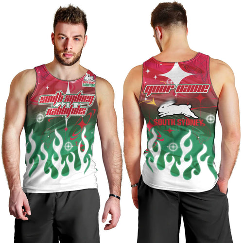 Personalized South Sydney Rabbitohs Men Tank Top Y2K Grunge Aesthetic With Cyber Flames and Starburst Graphics