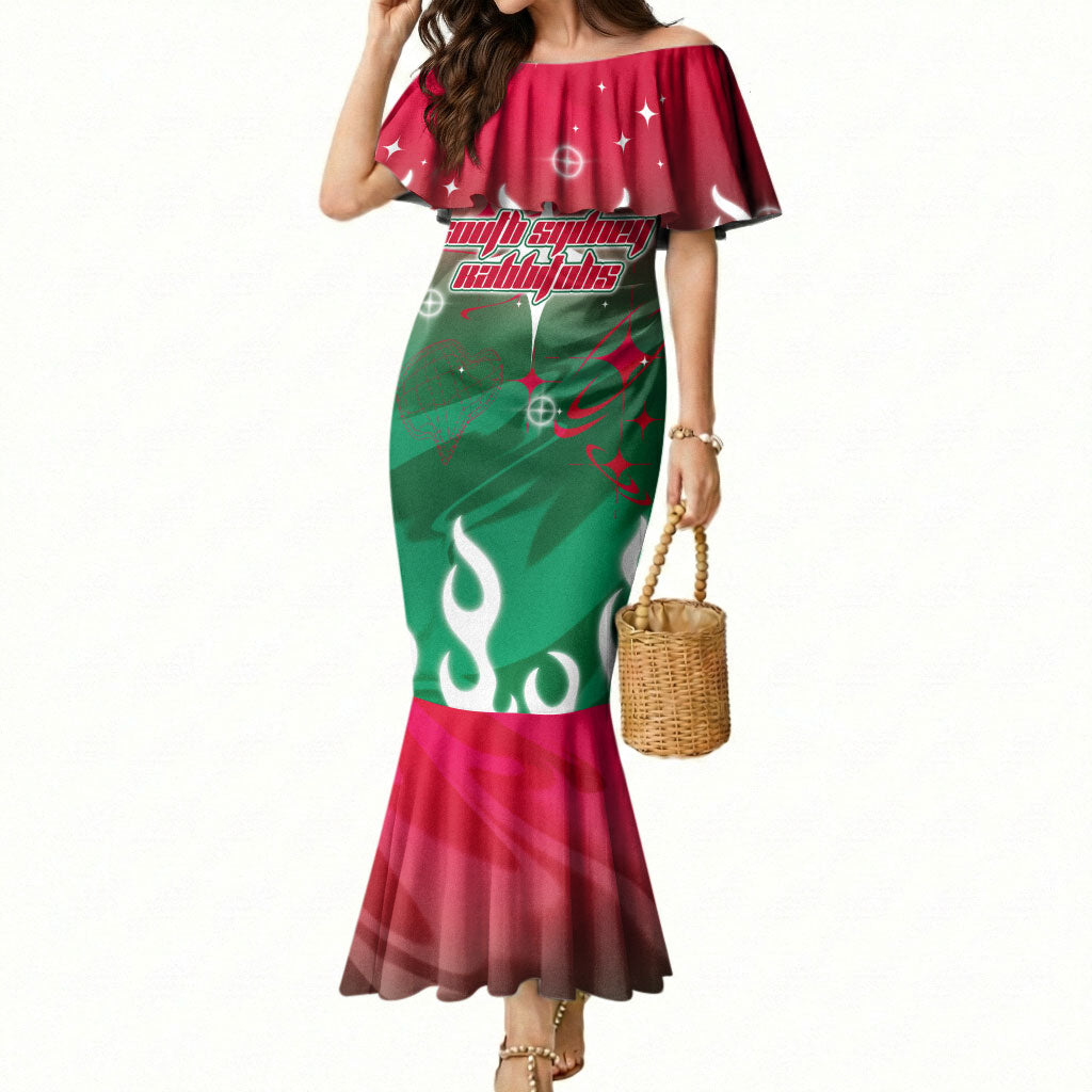 Personalized South Sydney Rabbitohs Mermaid Dress Y2K Grunge Aesthetic With Cyber Flames and Starburst Graphics