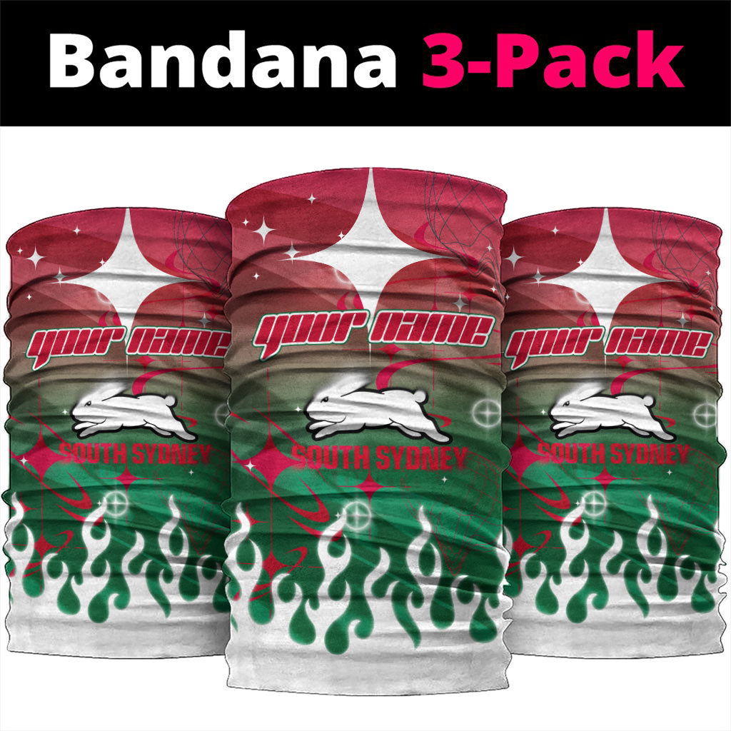 Personalized South Sydney Rabbitohs Neck Gaiter Y2K Grunge Aesthetic With Cyber Flames and Starburst Graphics