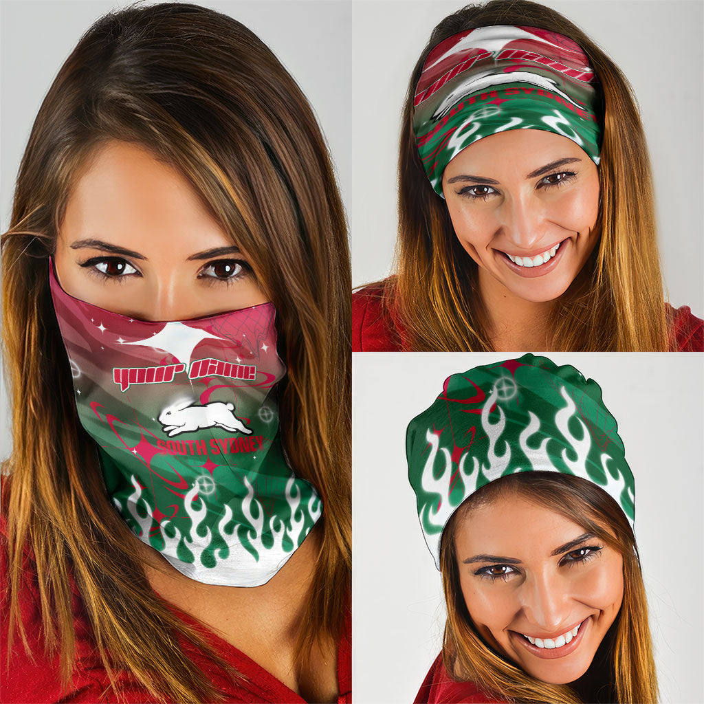 Personalized South Sydney Rabbitohs Neck Gaiter Y2K Grunge Aesthetic With Cyber Flames and Starburst Graphics