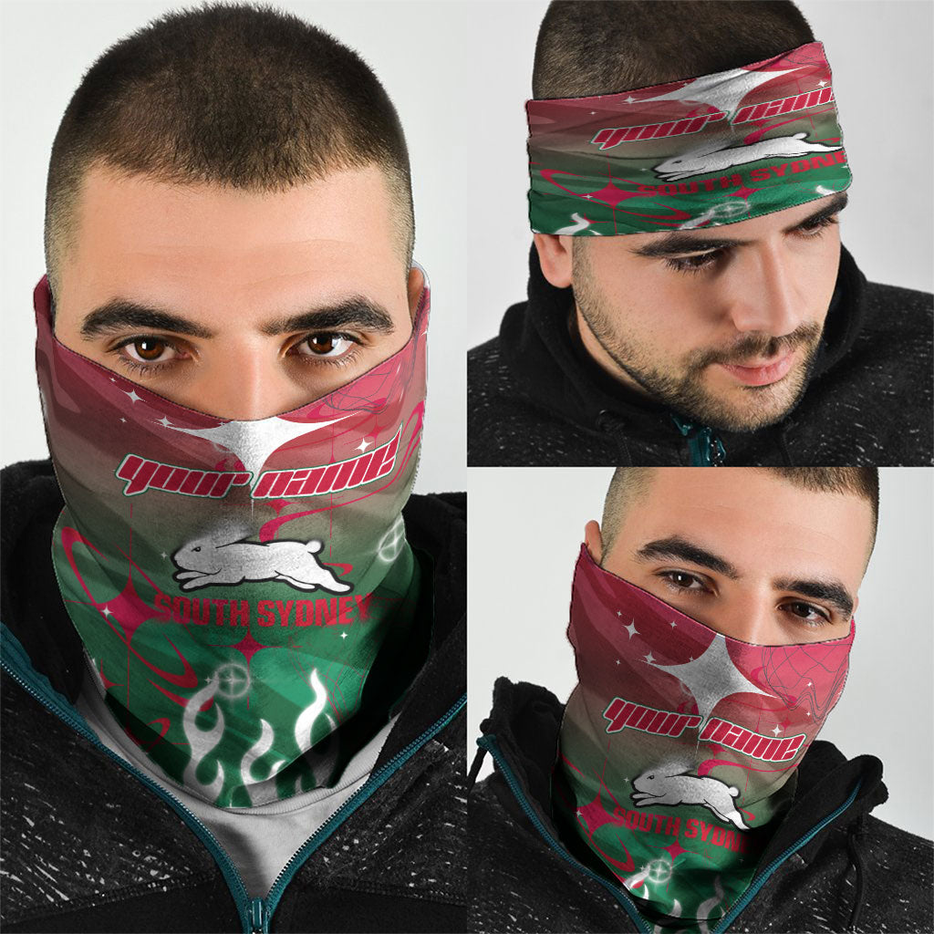 Personalized South Sydney Rabbitohs Neck Gaiter Y2K Grunge Aesthetic With Cyber Flames and Starburst Graphics