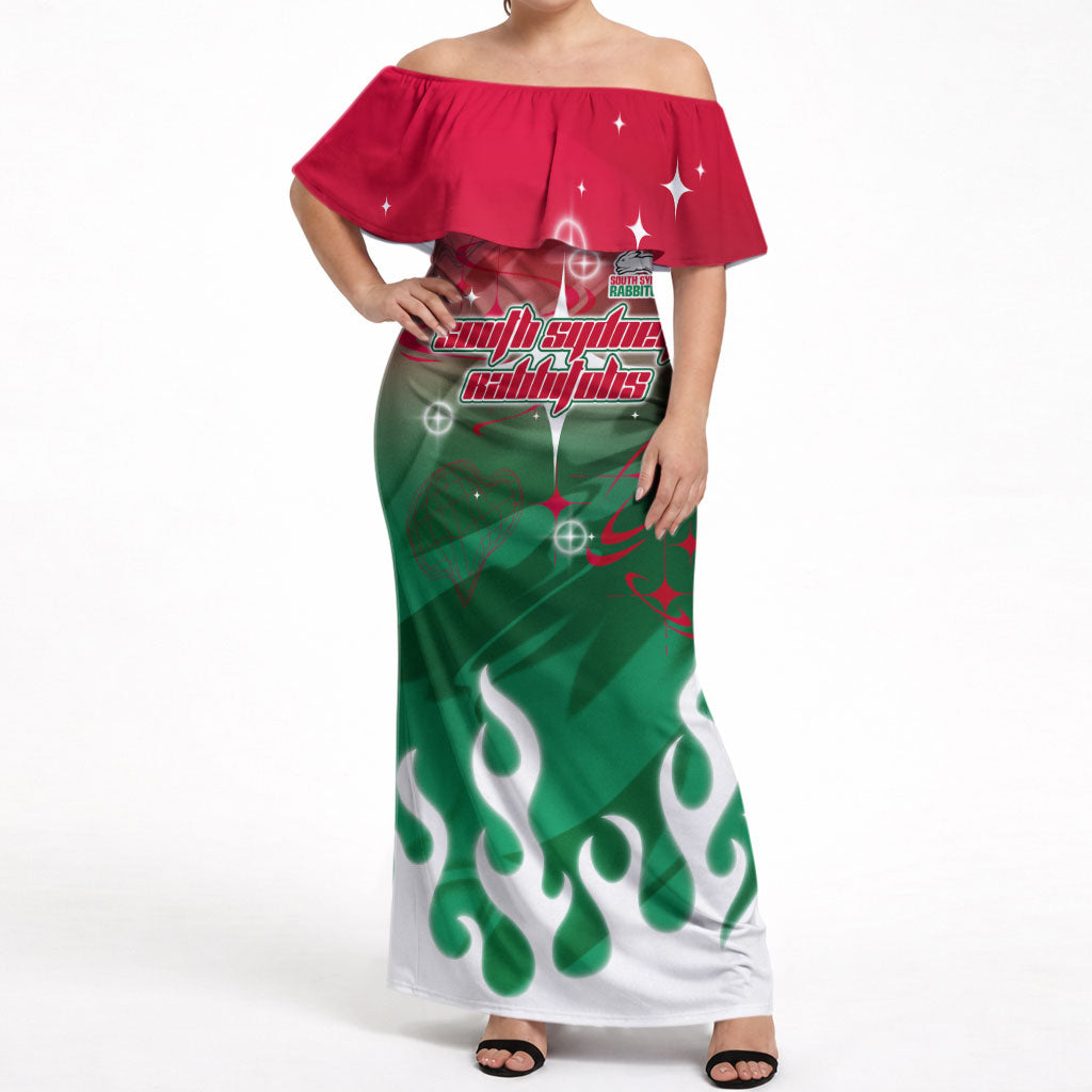 Personalized South Sydney Rabbitohs Off Shoulder Maxi Dress Y2K Grunge Aesthetic With Cyber Flames and Starburst Graphics