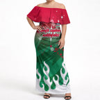 Personalized South Sydney Rabbitohs Off Shoulder Maxi Dress Y2K Grunge Aesthetic With Cyber Flames and Starburst Graphics