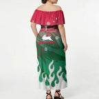 Personalized South Sydney Rabbitohs Off Shoulder Maxi Dress Y2K Grunge Aesthetic With Cyber Flames and Starburst Graphics