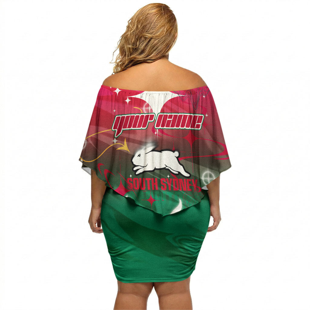 Personalized South Sydney Rabbitohs Off Shoulder Short Dress Y2K Grunge Aesthetic With Cyber Flames and Starburst Graphics