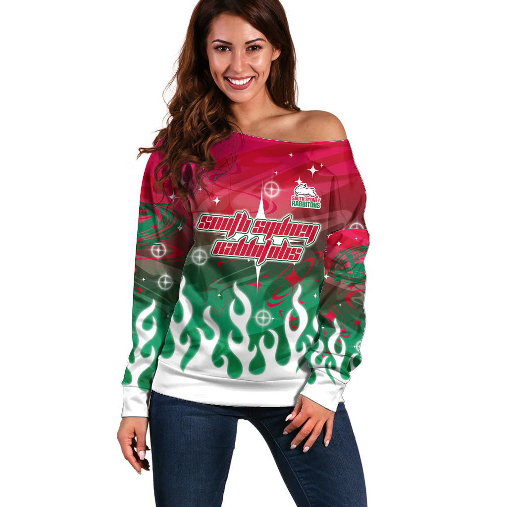 Personalized South Sydney Rabbitohs Off Shoulder Sweater Y2K Grunge Aesthetic With Cyber Flames and Starburst Graphics