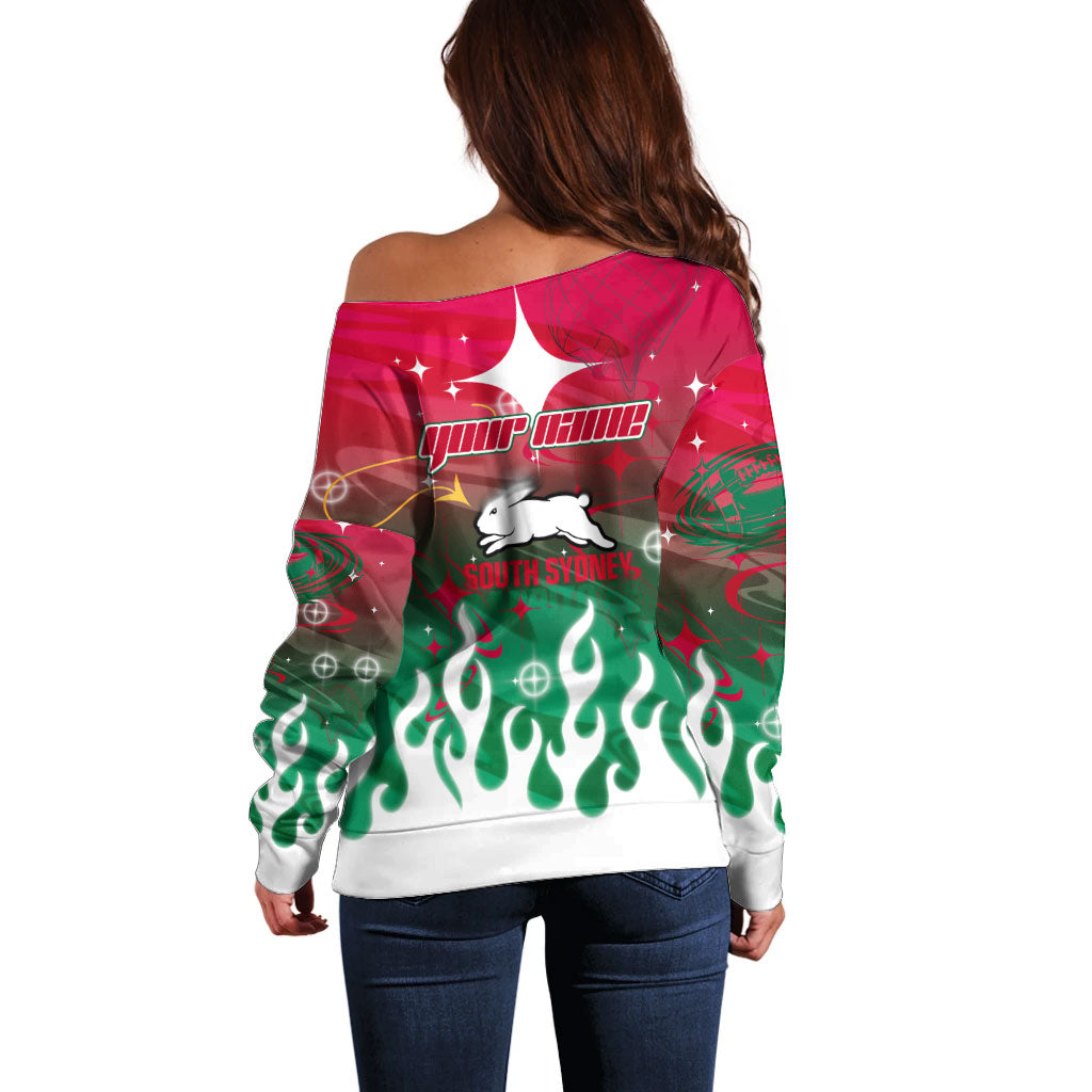 Personalized South Sydney Rabbitohs Off Shoulder Sweater Y2K Grunge Aesthetic With Cyber Flames and Starburst Graphics