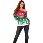Personalized South Sydney Rabbitohs Off Shoulder Sweater Y2K Grunge Aesthetic With Cyber Flames and Starburst Graphics