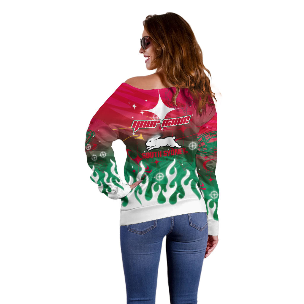 Personalized South Sydney Rabbitohs Off Shoulder Sweater Y2K Grunge Aesthetic With Cyber Flames and Starburst Graphics