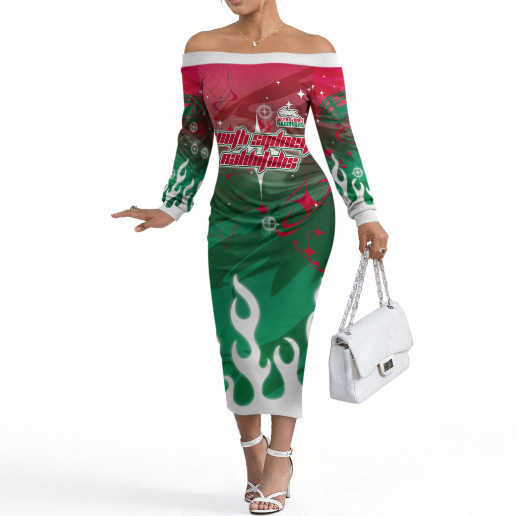 Personalized South Sydney Rabbitohs Off The Shoulder Long Sleeve Dress Y2K Grunge Aesthetic With Cyber Flames and Starburst Graphics