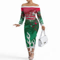 Personalized South Sydney Rabbitohs Off The Shoulder Long Sleeve Dress Y2K Grunge Aesthetic With Cyber Flames and Starburst Graphics