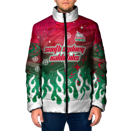Personalized South Sydney Rabbitohs Padded Jacket Y2K Grunge Aesthetic With Cyber Flames and Starburst Graphics