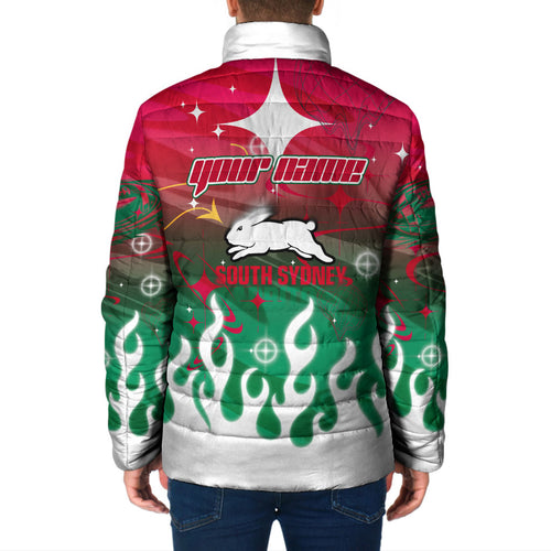 Personalized South Sydney Rabbitohs Padded Jacket Y2K Grunge Aesthetic With Cyber Flames and Starburst Graphics