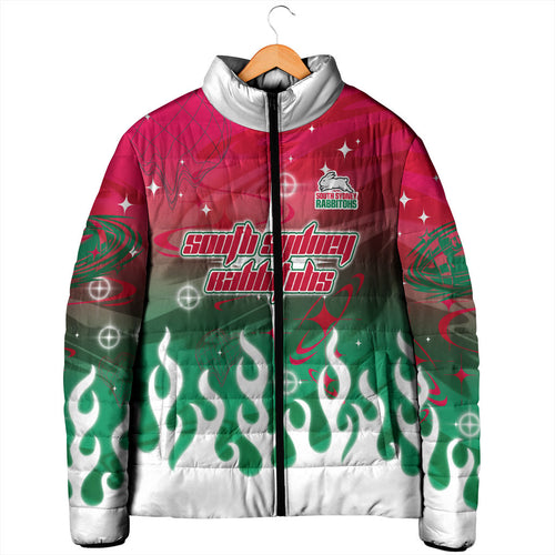 Personalized South Sydney Rabbitohs Padded Jacket Y2K Grunge Aesthetic With Cyber Flames and Starburst Graphics