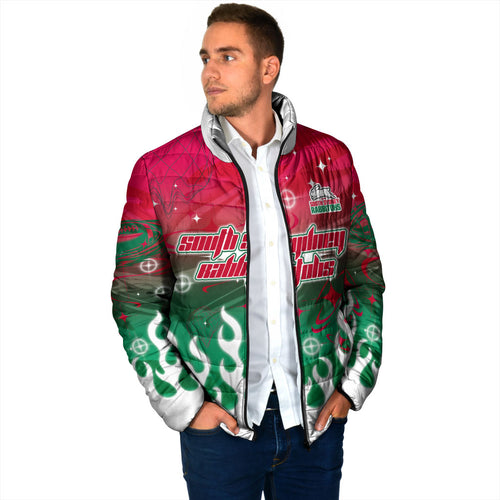 Personalized South Sydney Rabbitohs Padded Jacket Y2K Grunge Aesthetic With Cyber Flames and Starburst Graphics