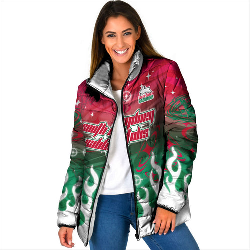 Personalized South Sydney Rabbitohs Padded Jacket Y2K Grunge Aesthetic With Cyber Flames and Starburst Graphics