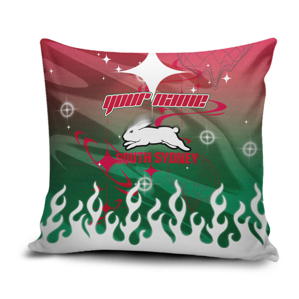 Personalized South Sydney Rabbitohs Pillow Cover Y2K Grunge Aesthetic With Cyber Flames and Starburst Graphics