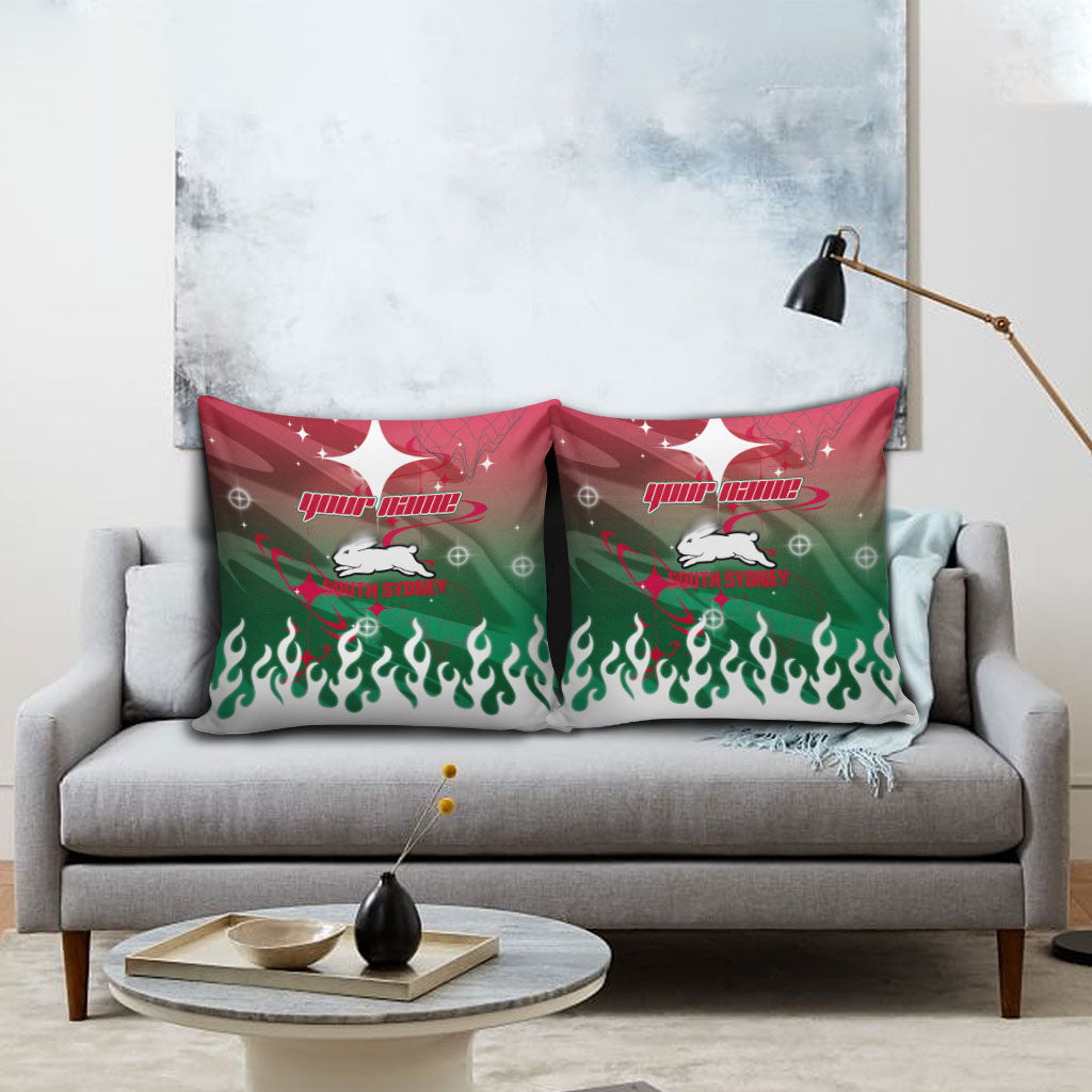 Personalized South Sydney Rabbitohs Pillow Cover Y2K Grunge Aesthetic With Cyber Flames and Starburst Graphics