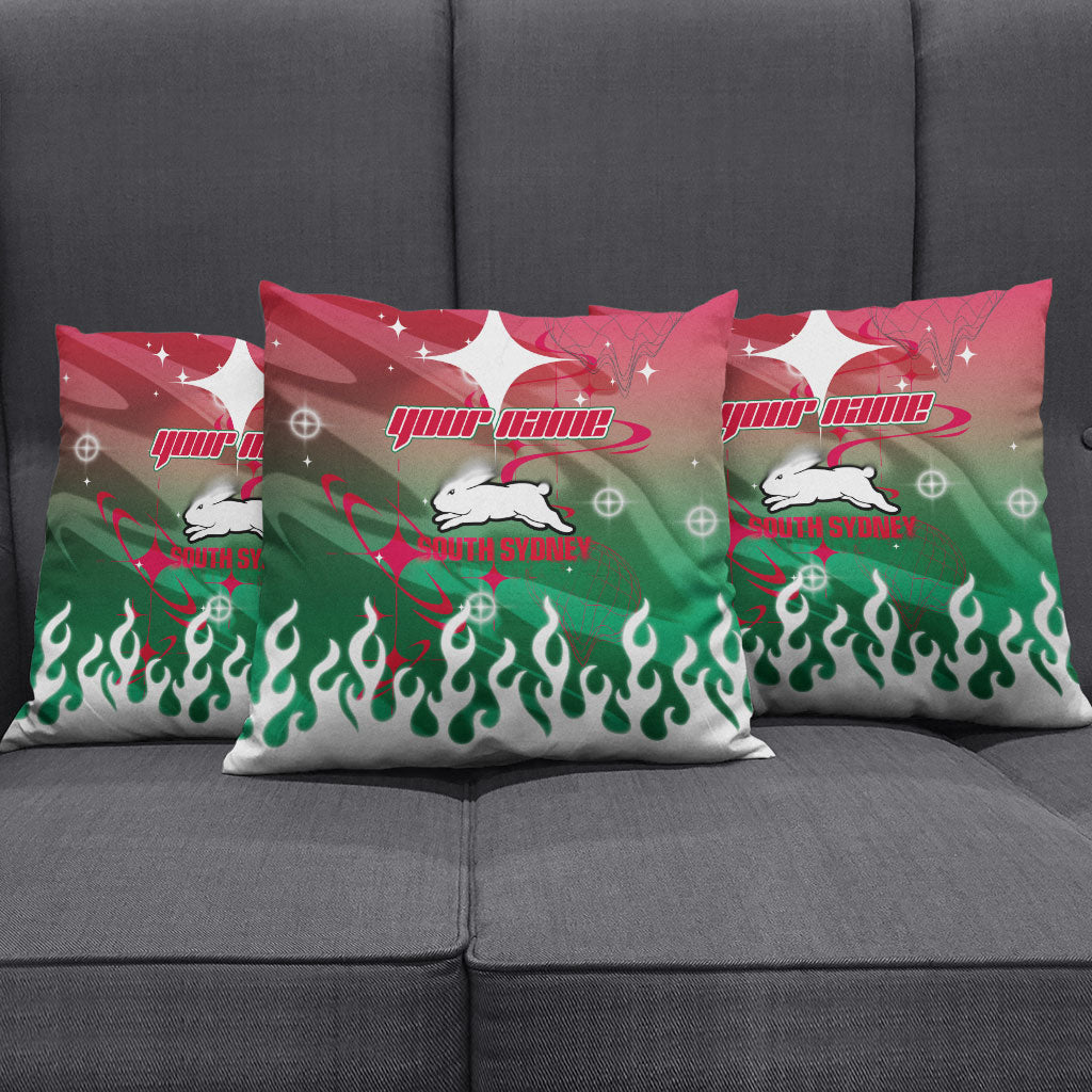 Personalized South Sydney Rabbitohs Pillow Cover Y2K Grunge Aesthetic With Cyber Flames and Starburst Graphics