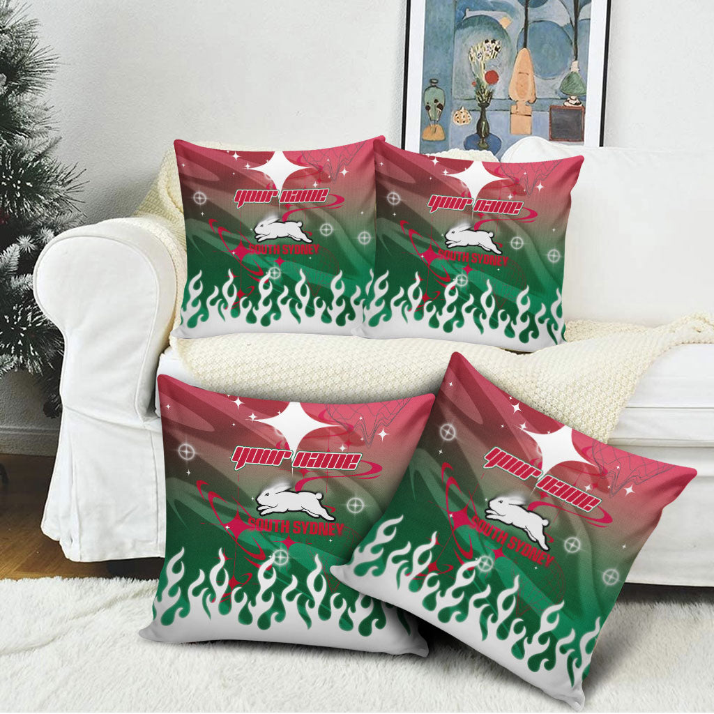 Personalized South Sydney Rabbitohs Pillow Cover Y2K Grunge Aesthetic With Cyber Flames and Starburst Graphics