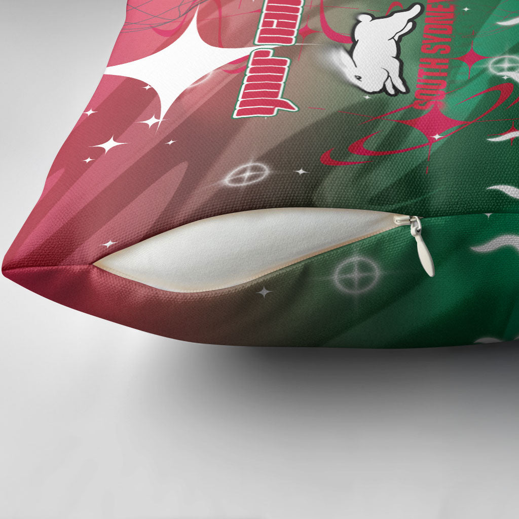 Personalized South Sydney Rabbitohs Pillow Cover Y2K Grunge Aesthetic With Cyber Flames and Starburst Graphics