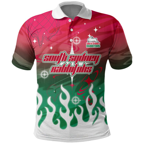 Personalized South Sydney Rabbitohs Polo Shirt Y2K Grunge Aesthetic With Cyber Flames and Starburst Graphics