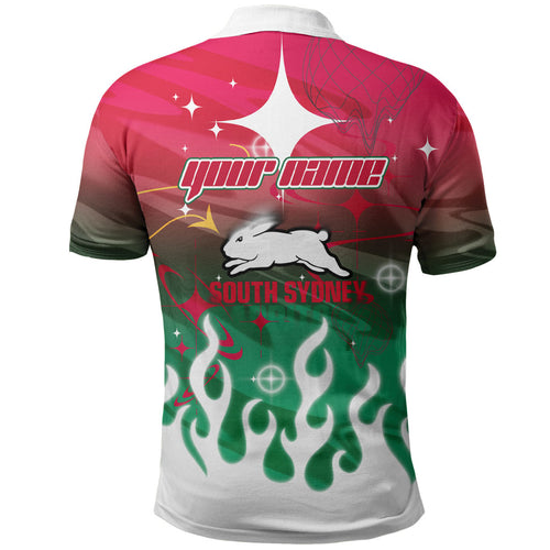 Personalized South Sydney Rabbitohs Polo Shirt Y2K Grunge Aesthetic With Cyber Flames and Starburst Graphics