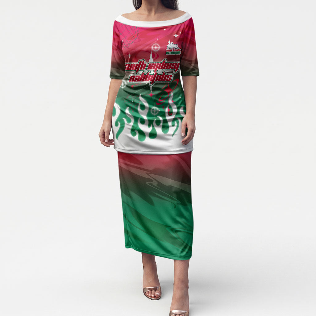 Personalized South Sydney Rabbitohs Puletasi Y2K Grunge Aesthetic With Cyber Flames and Starburst Graphics