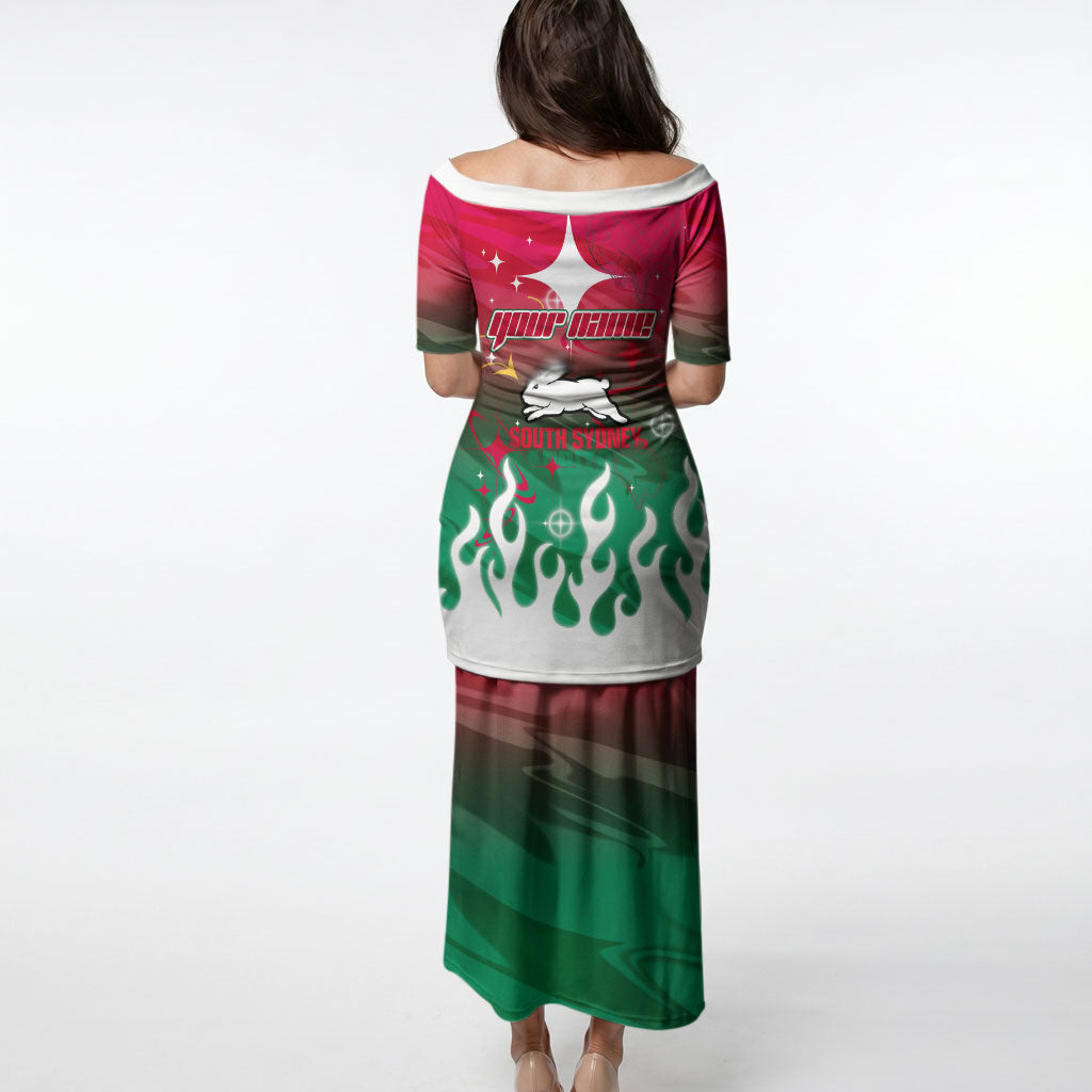 Personalized South Sydney Rabbitohs Puletasi Y2K Grunge Aesthetic With Cyber Flames and Starburst Graphics
