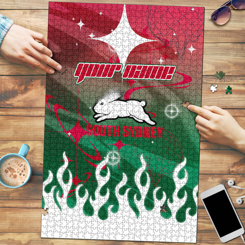 Personalized South Sydney Rabbitohs Puzzle Y2K Grunge Aesthetic With Cyber Flames and Starburst Graphics
