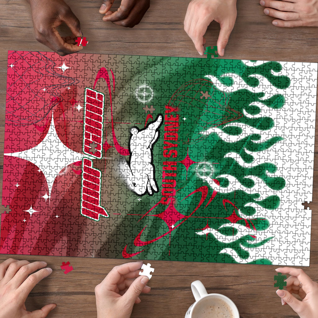 Personalized South Sydney Rabbitohs Puzzle Y2K Grunge Aesthetic With Cyber Flames and Starburst Graphics