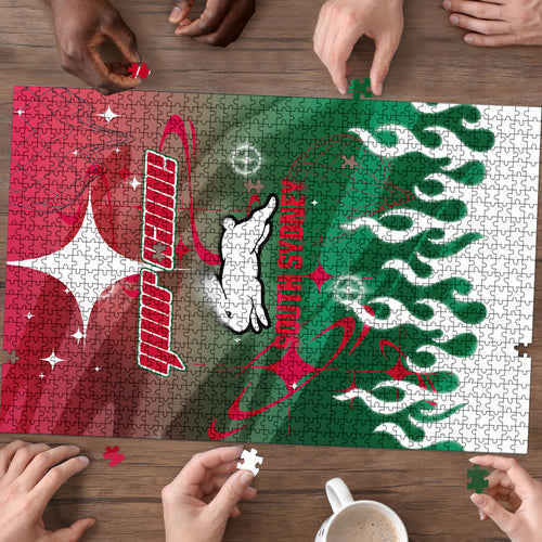 Personalized South Sydney Rabbitohs Puzzle Y2K Grunge Aesthetic With Cyber Flames and Starburst Graphics