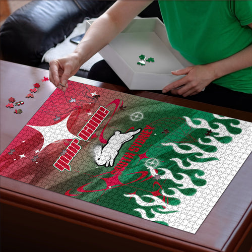 Personalized South Sydney Rabbitohs Puzzle Y2K Grunge Aesthetic With Cyber Flames and Starburst Graphics