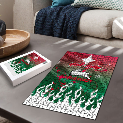Personalized South Sydney Rabbitohs Puzzle Y2K Grunge Aesthetic With Cyber Flames and Starburst Graphics